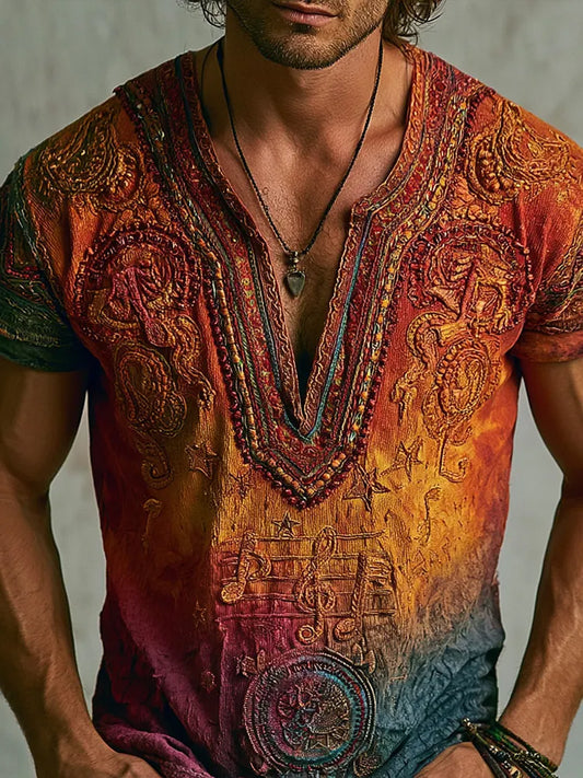 Cardydony Men's Boho Ombre Gradient Beaded Embroidery V-neck Tee, Retro Psychedelic Star & Musical Print Casual Tshirt
