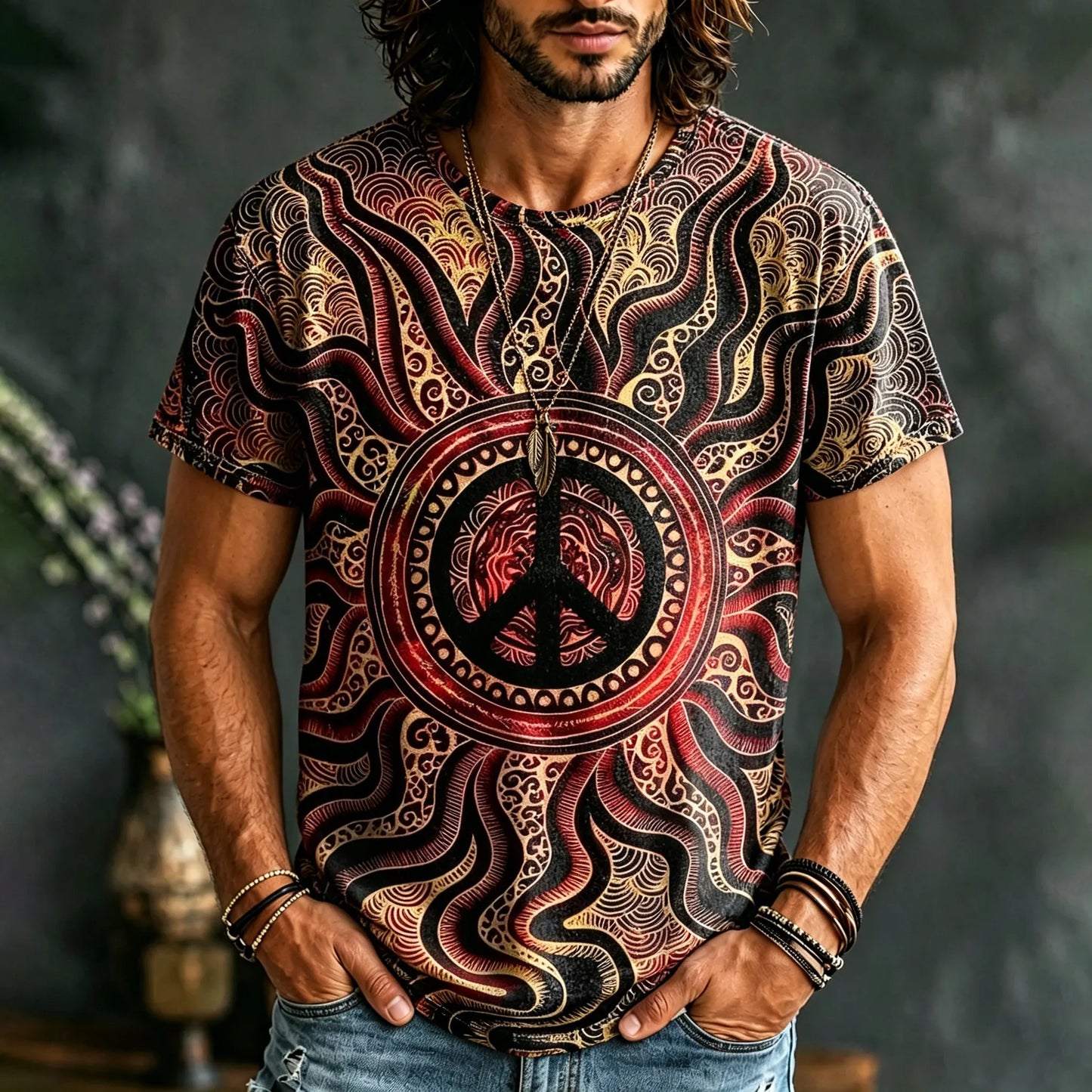 Cardydony Men's Hippie Retro Tie-dye Peace Print T-shirt