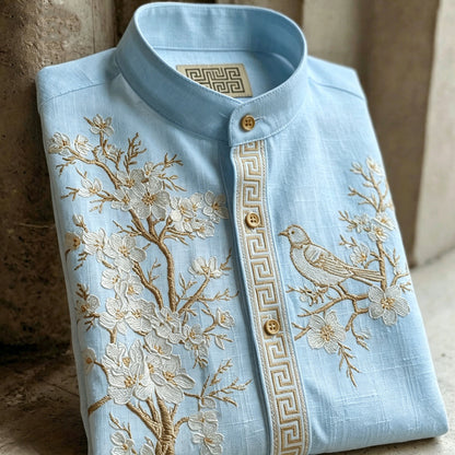 Cardydony Retro Cherry Blossom And Bird Pattern Short-sleeve Shirt