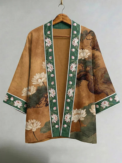 Cardydony Japanese Lotus Motif Art Linen Kimono
