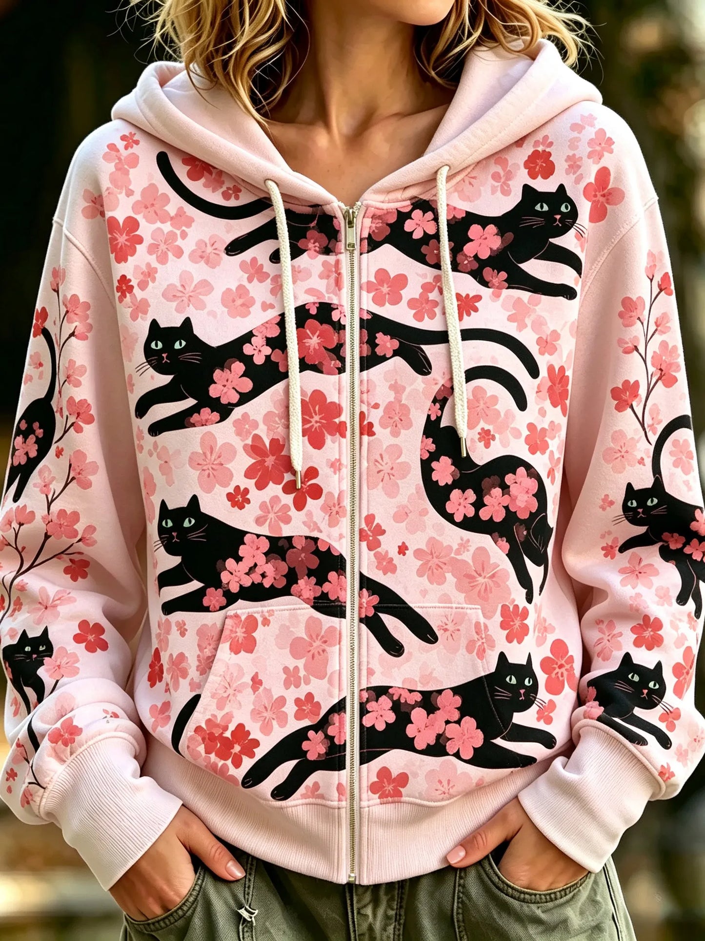 Cardydony Women's Cat Floral Print Hooded Zip-up Sweatshirt