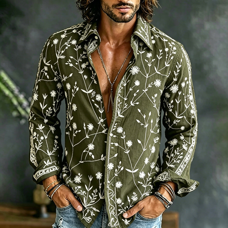 Cardydony Men's Spring Summer Floral Embroidered Art Print Flowy Linen Blend Shirt