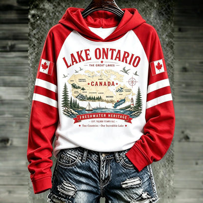 Cardydony Women's Retro Canada Lake Ontario Print Hoodie