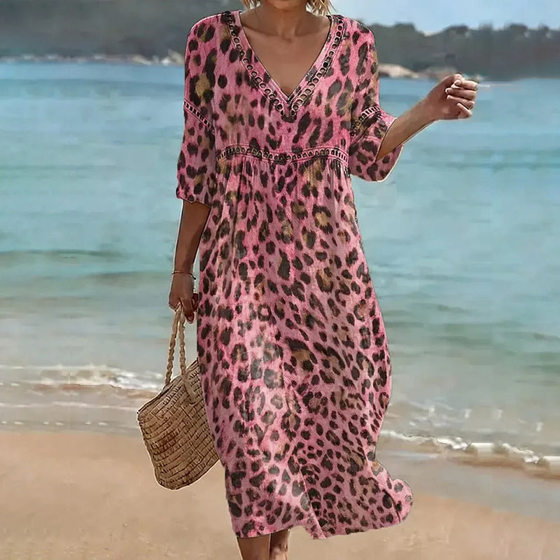 Cardydony Women's Leopard Art Pattern Linen Blend Loose Three-quarter Sleeve V Neck Dress