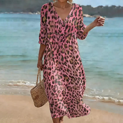 Cardydony Women's Leopard Art Pattern Linen Blend Loose Three-quarter Sleeve V Neck Dress