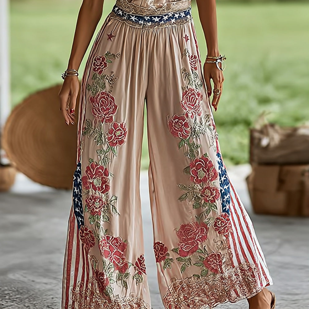 Cardydony Boho American Flag & Rose Embroidered Wide-leg Pants