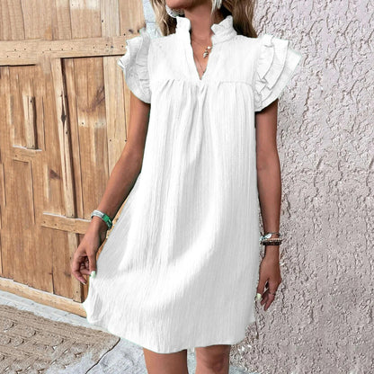 Cardydony Ruffled Notched Cap Sleeve Linen Dress