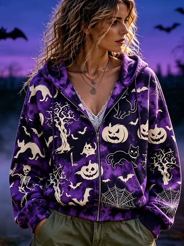 Cardydony Women's Halloween Graphic Zip-up Hoodie - Purple Tie-dye Spooky Cat & Pumpkin Print Jacket
