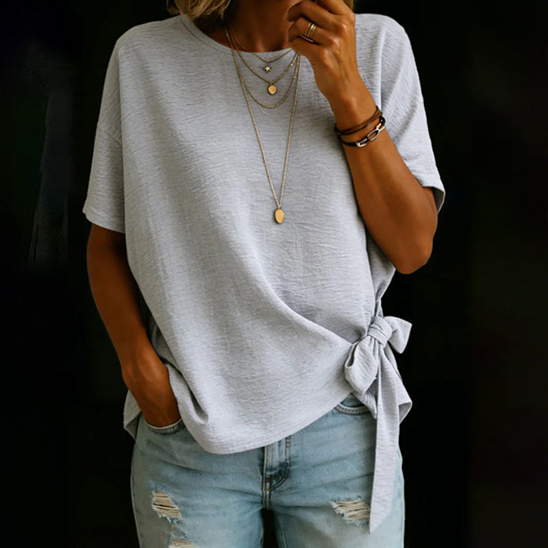 Cardydony Women's Vintage Bow-tie Short Sleeves Round Neck Linen T-shirt