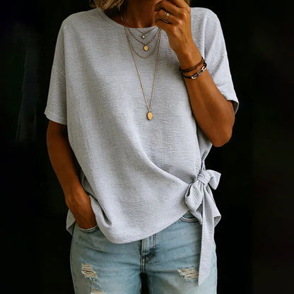 Cardydony Women's Vintage Bow-tie Short Sleeves Round Neck Linen T-shirt