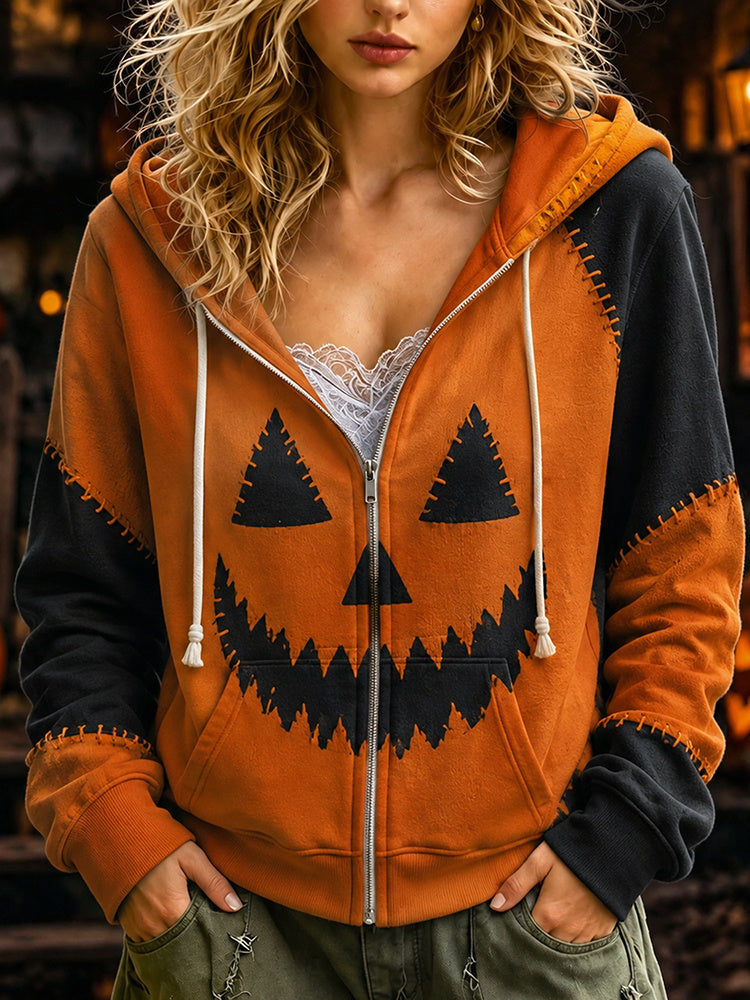 Cardydony Women's Retro Halloween With Spooky Face Pattern Print Zipper Hoodie