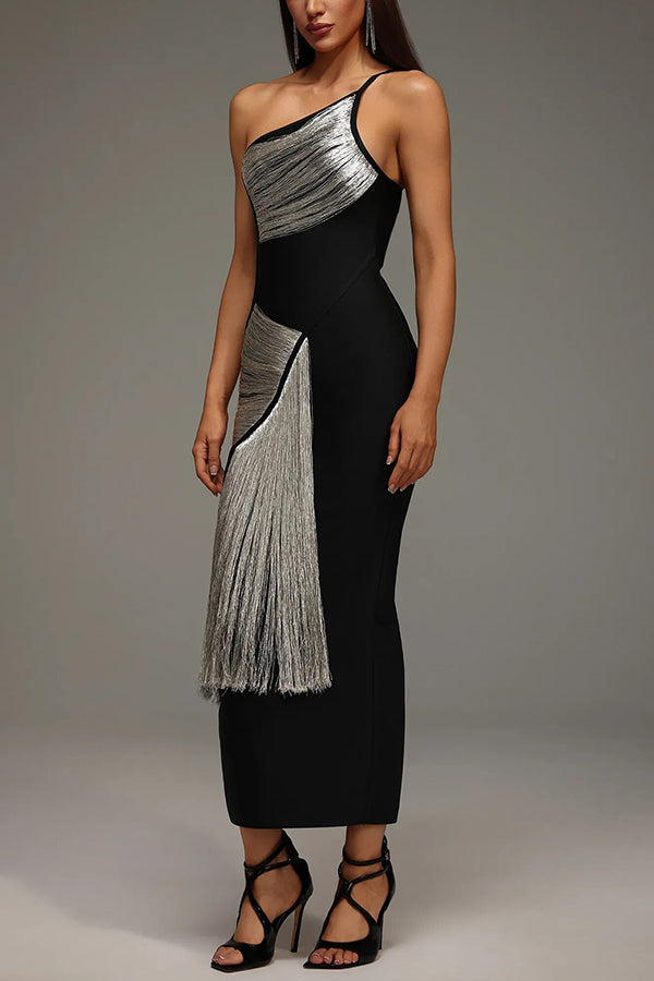 Cardydony Women's Roanna One Shoulder Sleeveless Glossy Tassels Bandage Maxi Dres