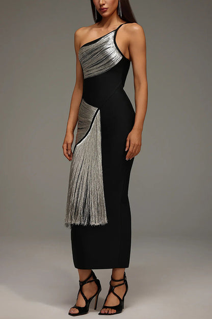 Cardydony Women's Roanna One Shoulder Sleeveless Glossy Tassels Bandage Maxi Dres
