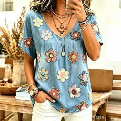 Cardydony Women's Bohemian Vintage Floral Art Print Flowy Linen Blend Casual Tops