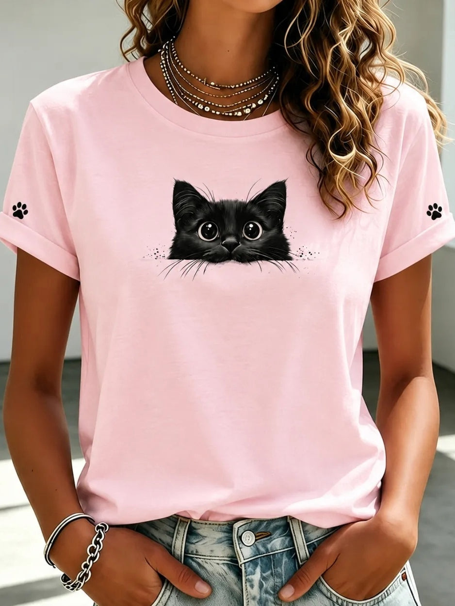Cardydony Women's Vintage Black Cat Art Casual Short Sleeve T-shirt