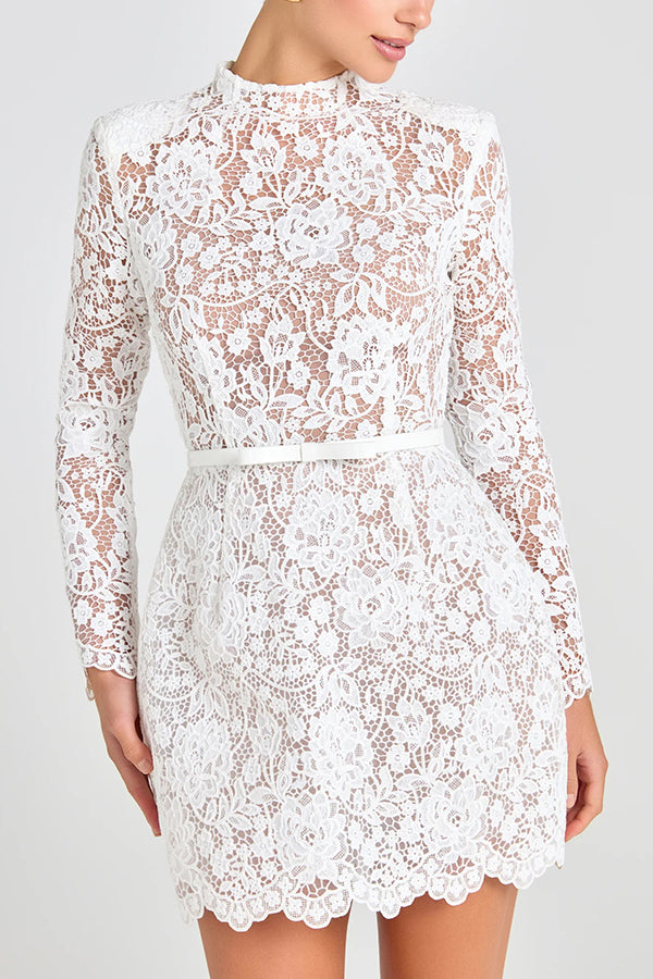 Cardydony Women's Champagne Toast Flower Lace Long Sleeve Bow Belted Mini Dress