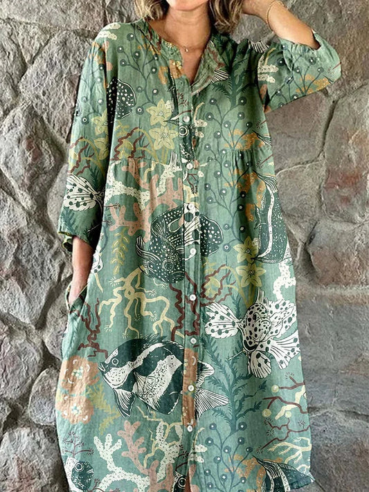 Cardydony Women's Elegant Vintage Underwater World Pattern Print Shirt Style Cotton And Linen Dress