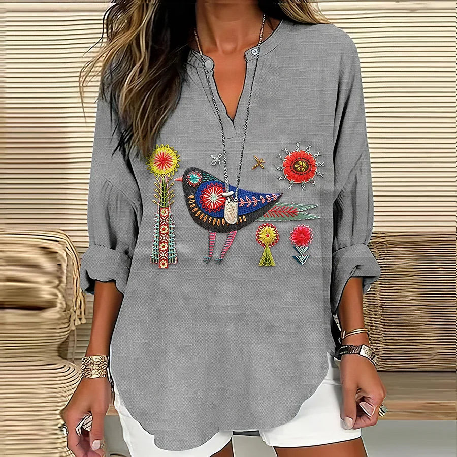 Cardydony Women's Floral And Bird Embroidery Art Pattern Cotton And Linen V-neck Shirt