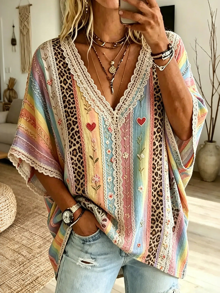 Cardydony Women's Rainbow Stripe Leopard Print Lace Cotton Blouse Top