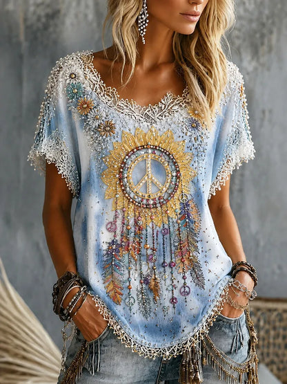 Cardydony Women's Bohemian Tie Dye Wind Chime Peace Art Print Casual Short Sleeve T-shirt