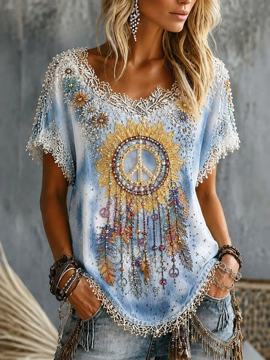 Cardydony Women's Bohemian Tie Dye Wind Chime Peace Art Print Casual Short Sleeve T-shirt