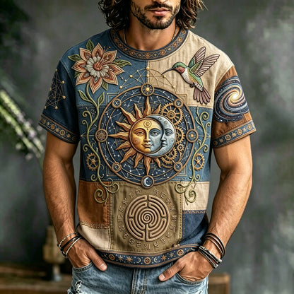 Cardydony Men's Hippie Starry Sky Sun Moon Hummingbird Art Print T-shirt