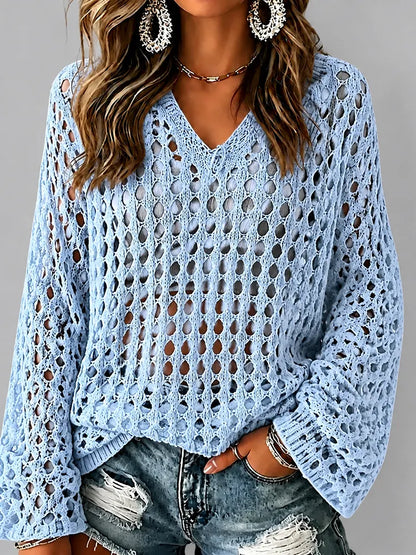Cardydony Women's Solid Color Cutout V Neck Knit Sweater