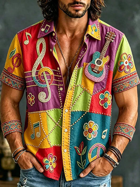 Cardydony Men's Guitar-themed Floral Patchwork Short-sleeved Shirt