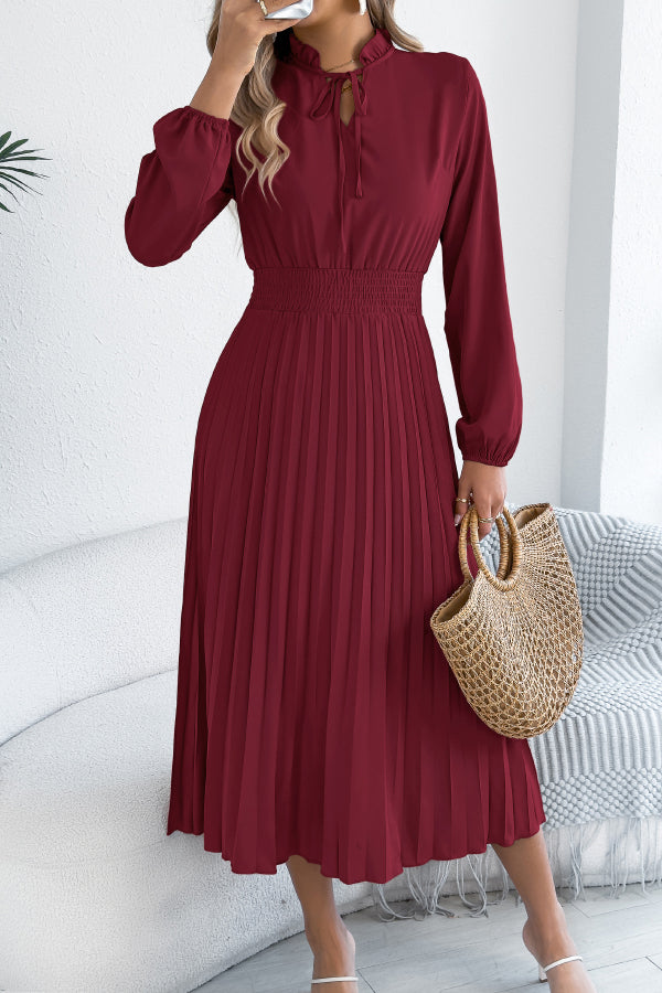 Cardydony Women's Solid Color Long-sleeved Fitted Waist Pleated Elegant Midi Dress