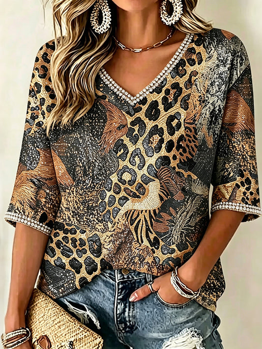 Cardydony Women's Leopard And Animal Art Print Three Quarter Sleeves T-shirt