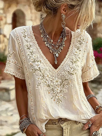 Cardydony Vintage White Floral Embroidered Art Retro Cotton Linen V-neck Short Sleeve Top