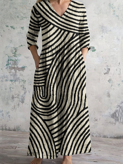 Cardydony Vintage Stripe Pattern Women's Linen Dress