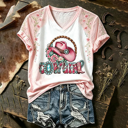 Cardydony Women's Western Country Cowboy Cowgirl Cowboy Hat Short Sleeve Top