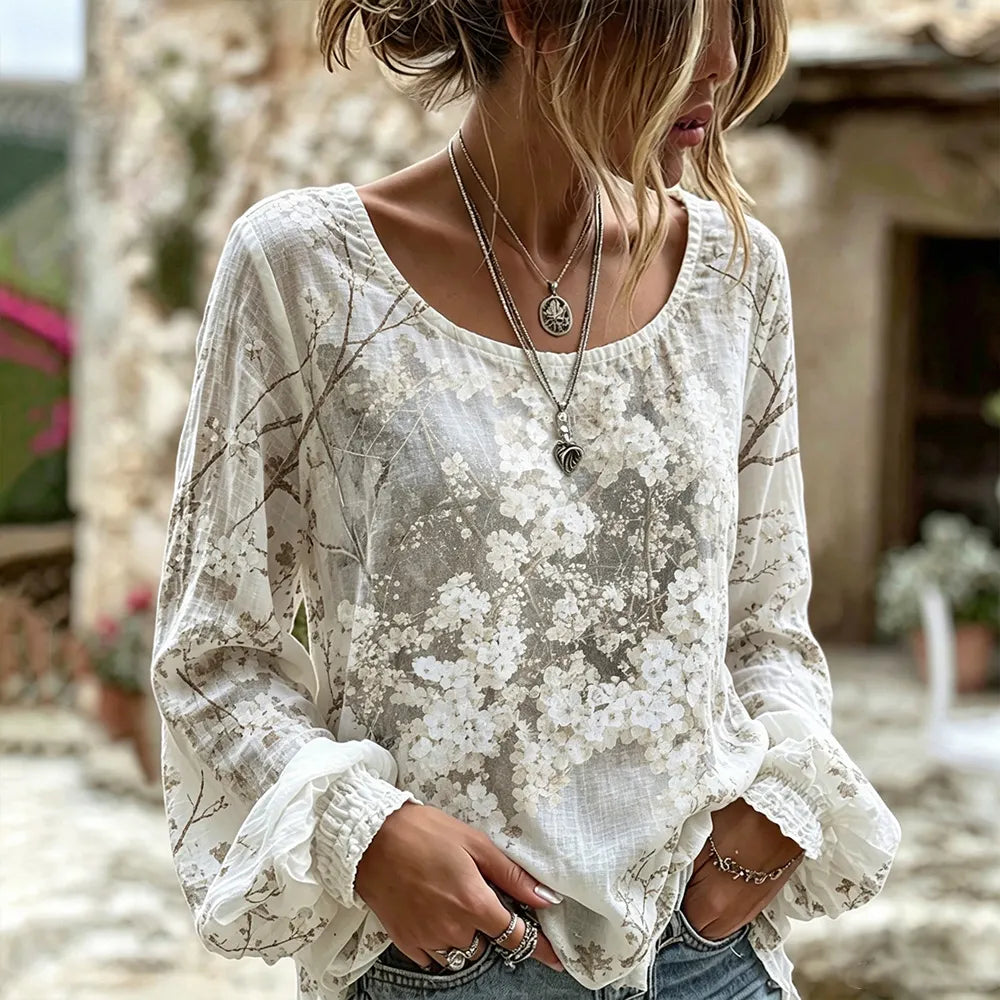Cardydony Women's Vintage White Floral Print Casual Cotton And Linen Long-sleeved Top