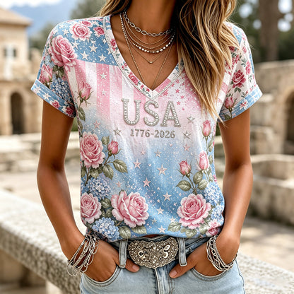 Cardydony Women's Independence Day With Floral Art V Neck Casual Tops