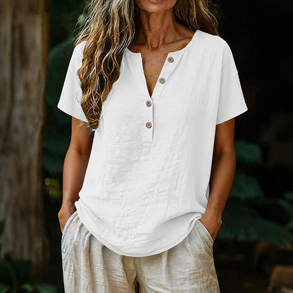 Cardydony Solid Color Linen Short-sleeved Half-front Button-up Shirt