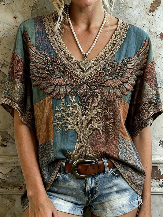 Cardydony Oversized Boho Paisley Patchwork 3d Wing Tree Of Life Lace V Neck Top