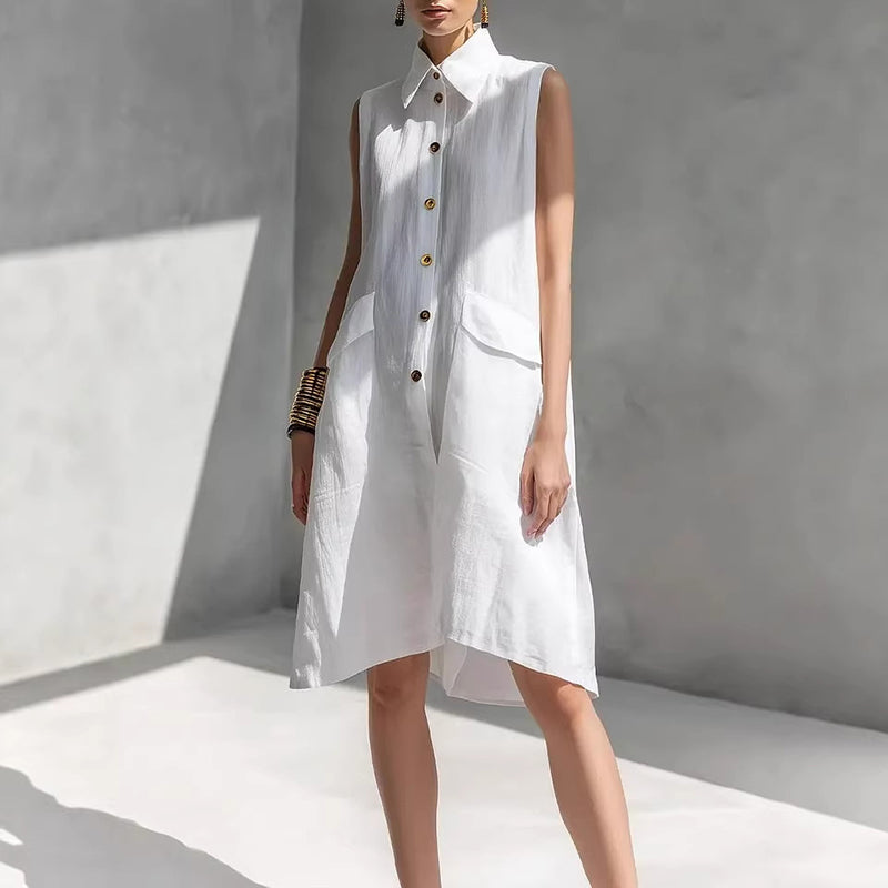 Cardydony Casual Loose-fit Linen Sleeveless Shirt Dress