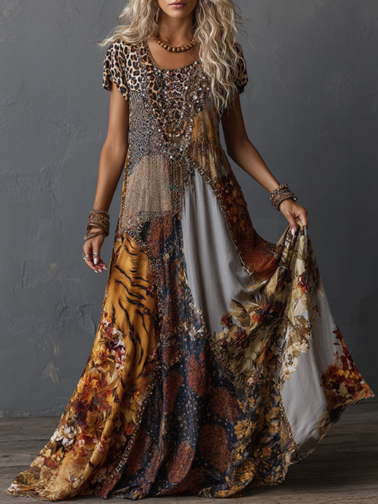 Cardydony Retro Leopard And Animal Patchwork Art Loose Maxi Dress