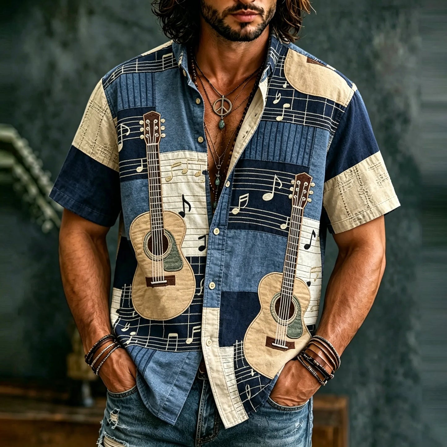 Cardydony Men's Hippie Music With Guitar Patchwork Art Print Casual Shirt