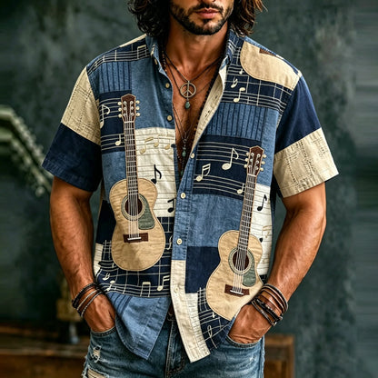 Cardydony Men's Hippie Music With Guitar Patchwork Art Print Casual Shirt
