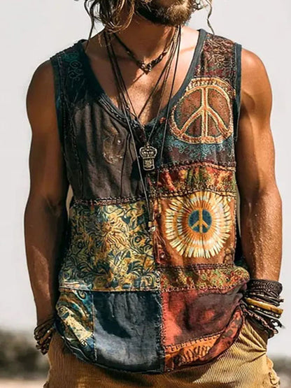 Cardydony Men's Hippie Peace Sign Patchwork Print Tank Top