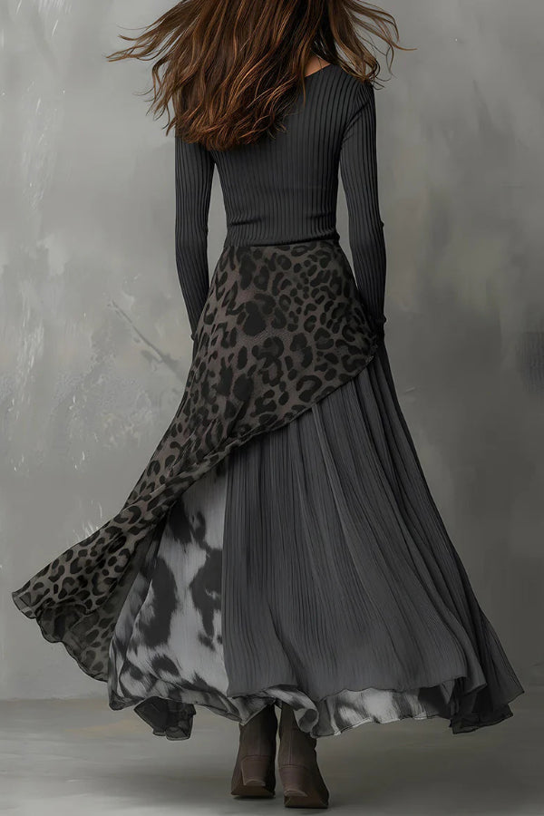 Cardydony Women's Stylish Leopard Print Patchwork Casual Long-sleeved Maxi Dress
