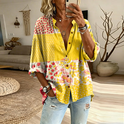 Cardydony Women's Vintage Floral Patchwork Long-sleeve Button-up Shirt