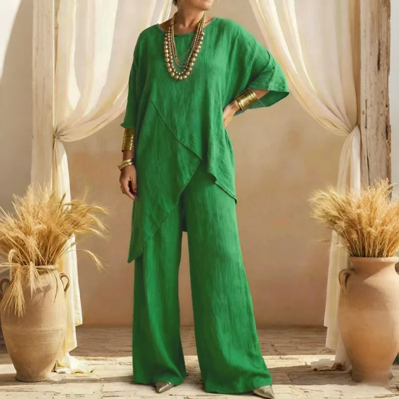 Cardydony Women's Comfy Linen Blend Flowy Double Layer Design Top And Pants Two-piece Set