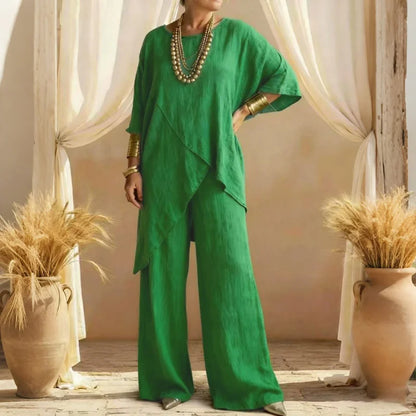 Cardydony Women's Comfy Linen Blend Flowy Double Layer Design Top And Pants Two-piece Set