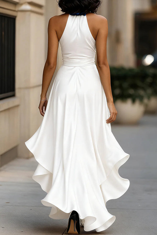 Cardydony Women's Solid Color Satin V-neck Sleeveless Elegant Ruffle Maxi Dress