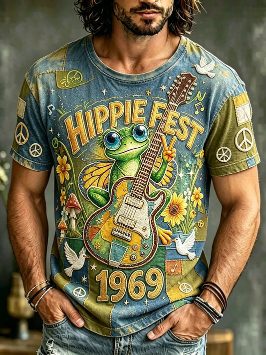 Cardydony Men's Retro Hippie Peace Symbol Frog Guitar Patchwork Print T-shirt