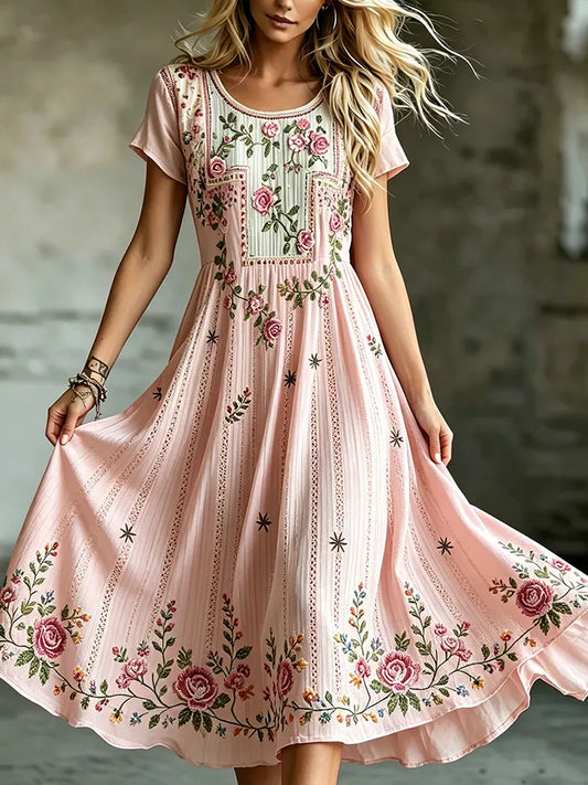 Cardydony Women's Vintage Bohemian Rose Pattern Round Neck Dress