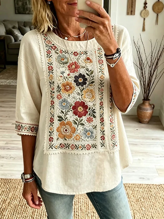 Cardydony Women's Resort Bohemian Vintage Floral Linen T-shirt
